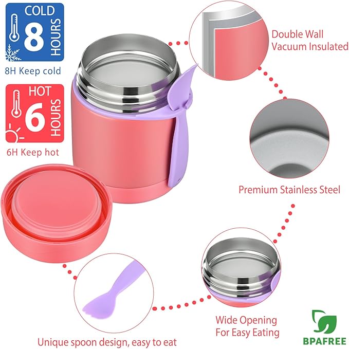 Bento Lunch Box Set for Kids with 10oz Soup Thermo, Leak-Proof Lunch Containers with 4 Compartment, Kids Thermo Hot Food Jar and Insulated Lunch Bag for Kid to School,BPA-Free(Pink)