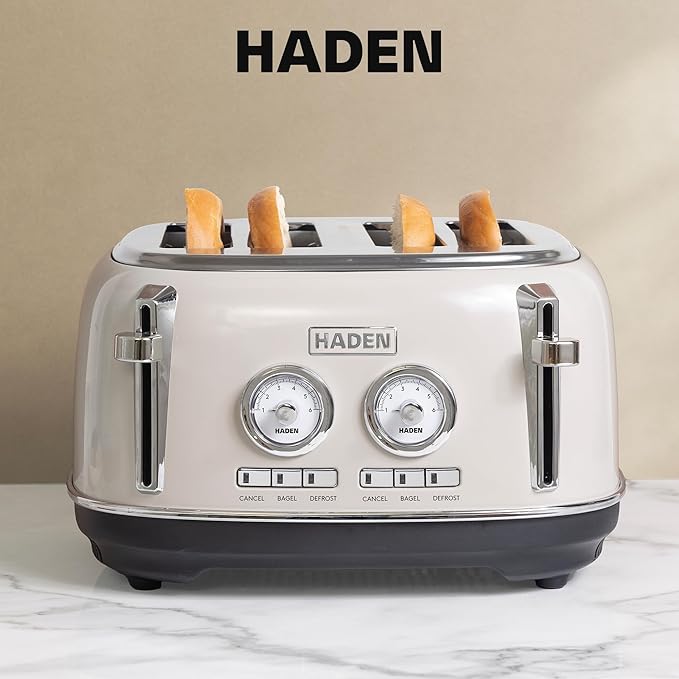 Haden Dorset 4 Slice Wide Slot Stainless Steel Toaster with Adjustable Browning Control & Non-Slip Feet, Putty & Chrome