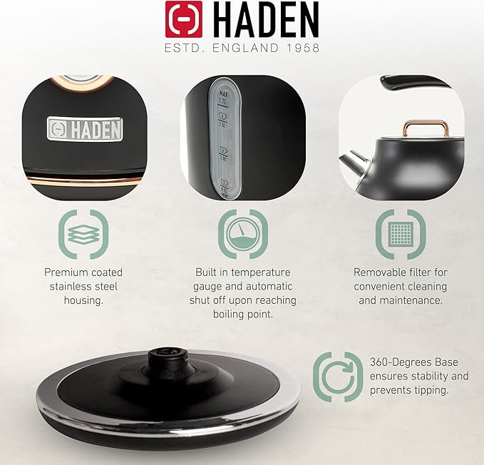 Haden Dorset 1.7 Liter Stainless Steel Electric Kettle with 360-Degree Base Bundled with 4 Slice Wide Slot Stainless Steel Toaster, Black & Copper