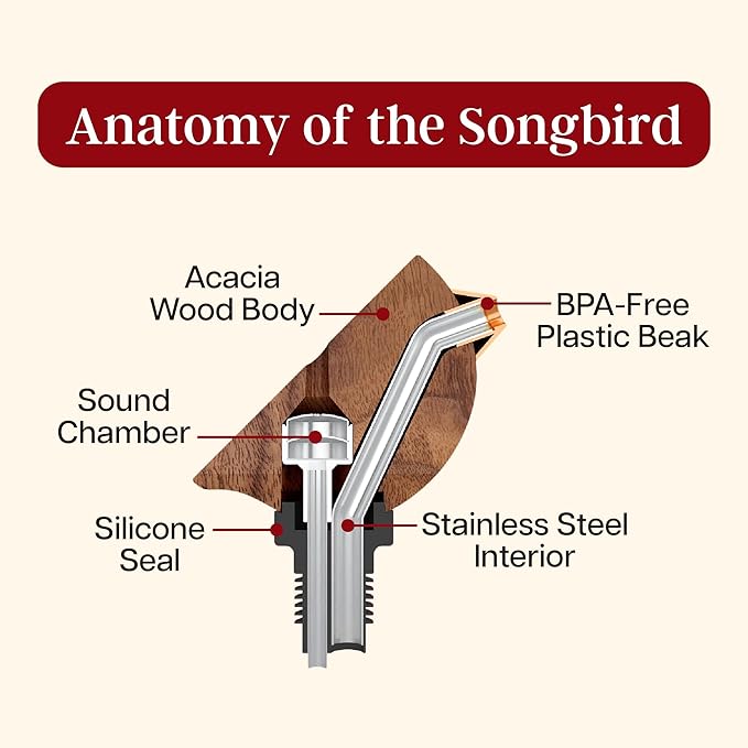 Songbird Specialties Wine Bottle Pourer, Fun Wine Pourer Spout Sings While It Pours, Airtight Wine Bottle Sealer, Acacia Wood with Blue Wings