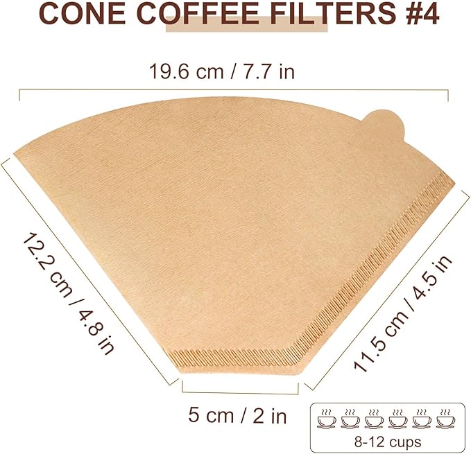 Coffee Filters #4, 200 Count Cone Paper Coffee Filter 8-12 Cup, Unbleached Natural Disposable No 4 Filters Fits for Pour Over, Drip Coffee Maker Suitable for Home, Shop Commercial (Brown)