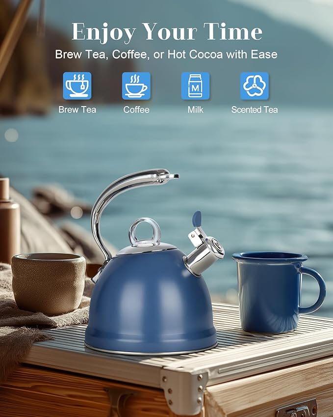 Harriet Tea Kettle Stovetop, 2.5 Quart Whistling Stainless Steel Tea Pot, 3-Layer Base, Unique Ergonomic Handle, Includes Pot Holder & Mat, Electric/Induction/Gas Stovetops Applicable, Blue