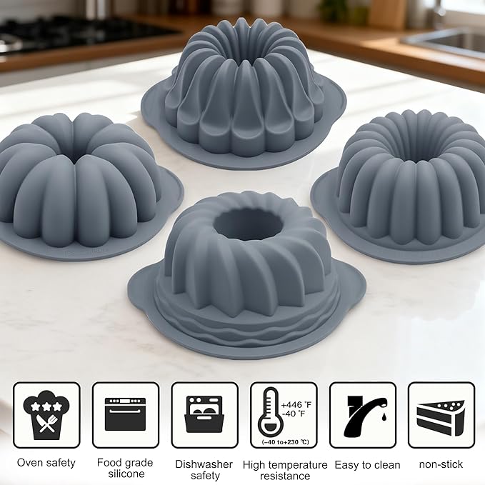 Tongjude 4 Pieces Silicone Fluted Tube Cake Pans, 7 Cups Tube Baking Pan, Jello Mold, Silicone Molds for Homemade Cake, Bread and Jello, Non-Stick, Grey
