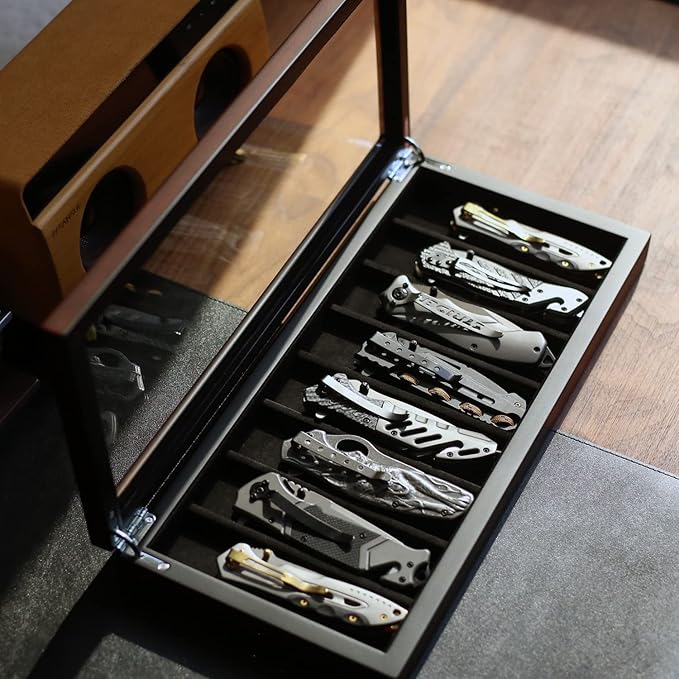 Knife Display Case Organizer storage 8 pocket knives, Folding Knife Holder with Real Glass Window Top， Pocket knife collection box for men gift (Ebony Veneer 8 slot)