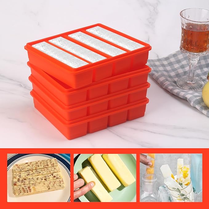 Large and Long Ice Cube Tray 4 Pack Silicone Freezing Container Sticks with Lid for Whiskey, Water Bottle, Food Leftovers and Baking (4 Pack Orange)