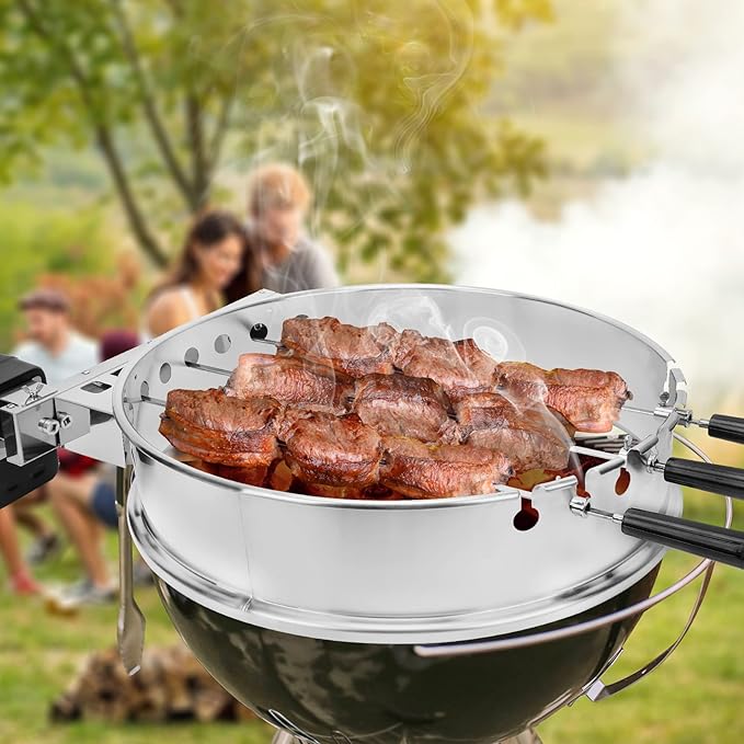 only fire Shish Kabob Set with Stainless Steel Ring, Automatic Skewers Turner for Weber 22" Kettle and Other Similar Kettle Grills