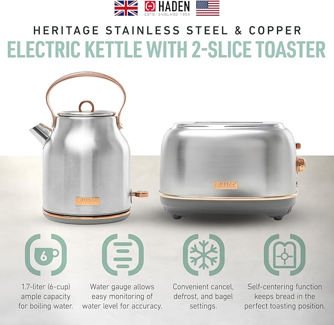 Haden Heritage 4 Slice Wide Slot Stainless Steel Toaster Bundled with 1.7 Liter Stainless Steel Electric Water Kettle, Steel & Copper