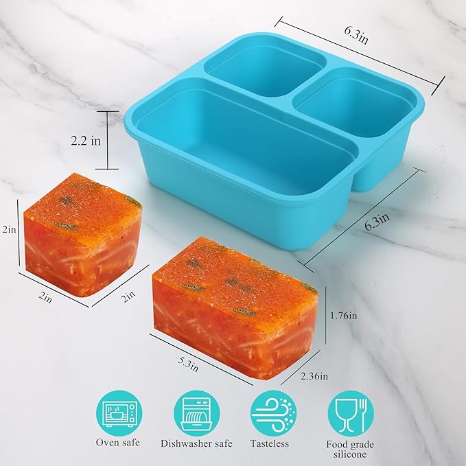 BPA-Free Silicone Freezer Molds, Leak Proof Stackable,1/2-Cup and 1-Cup Portion Control Soup Cubes Freezer Tray with Lids for Meal Prep, Broth, Stews, Leftovers(Blue 2 Pack)