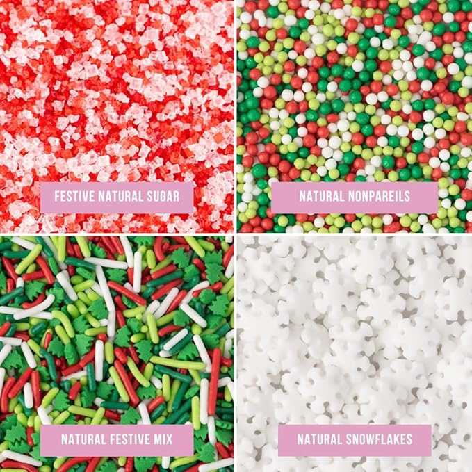 Sweets Indeed Dye-Free Holiday Sprinkle 4-Pack – 3.35 oz | Natural Christmas Sprinkles with Nonpareils, Sugar Crystals, Snowflakes & Festive Sprinkle Mix in Individual Jars | Holiday Baking Decorations