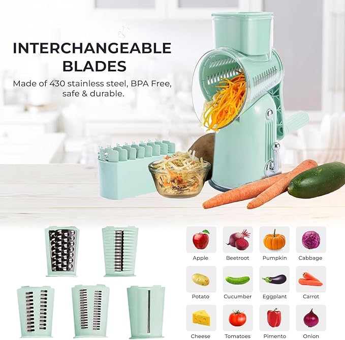 Chef Power Premium Quality Rotary Cheese Grater with Handle - Kitchen Accessories Cucumber Slicer Vegetable Salad Grater, Vegetable Grater - Cheese Grater (Light Green)