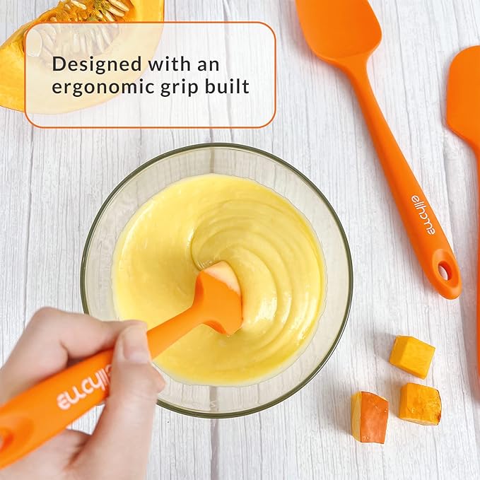 Elihome Chef Series 3 Piece Silicone Spatula Set - 600°F Heat Resistant Non Stick Rubber Kitchen Scraper Spatulas for Cooking, Baking, and Mixing – BPA Free and LFGB Certified Silicone (Orange)