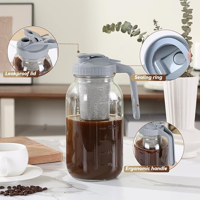 Cold Brew Coffee Maker Pitcher 64-ounce Glass Wide Mouth Mason Jar with Stainless Steel Filter and Pour Spout Handle Lid (Grey, 64Ounce)