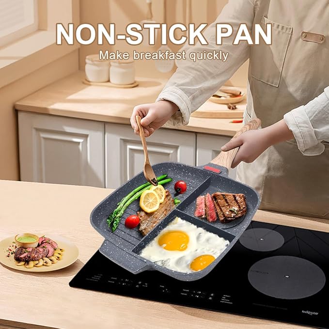 Sectional Skillet, Grill Pans for Stove Tops Nonstick 3 Section Breakfast Pan Meal Skillet Griddle Divided Pan, with Silicone Brush & Clip, 10.5”