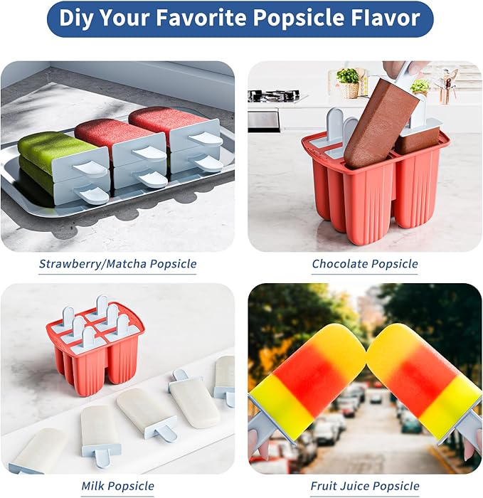 6 Pieces Silicone Popsicle Molds,Easy-Release BPA-Free,Ice Pop Mold Ice Cream Molds For Kids,With 6 PCS Plastic Stick+Cleaning Brush(Red)
