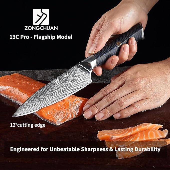 Utility Knife,5.5inch Damascus knife,67-Layer High Carbon Stainless Steel Kitchen Knife,Professiona Sharp Cutting Knives with Ergonomic Blue G10 Handle,Gift Box for Home and Kitchen Birthday Gift
