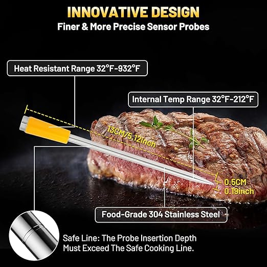 Wireless Smart Meat Thermometer with 4 Probes, Ultra-Long Range Bluetooth 5.4, App Control with iOS & Android, IP67 Waterproof, 10 Preset Menus & Color-Coded Probes for Oven, Grill, BBQ, A8