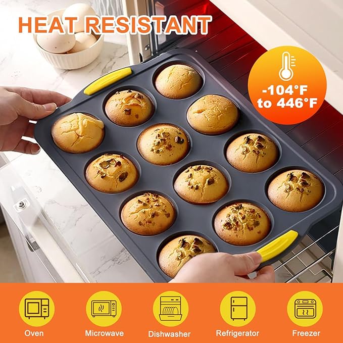 Silicone Muffin Pan for Baking with Metal Reinforced Frame，Foldable Cupcake Pan 12 Cups for Baking Homemade Muffins,Nonstick Cupcake Baking Pan Molds for Oven Dishwasher Safe With Brush and scraper