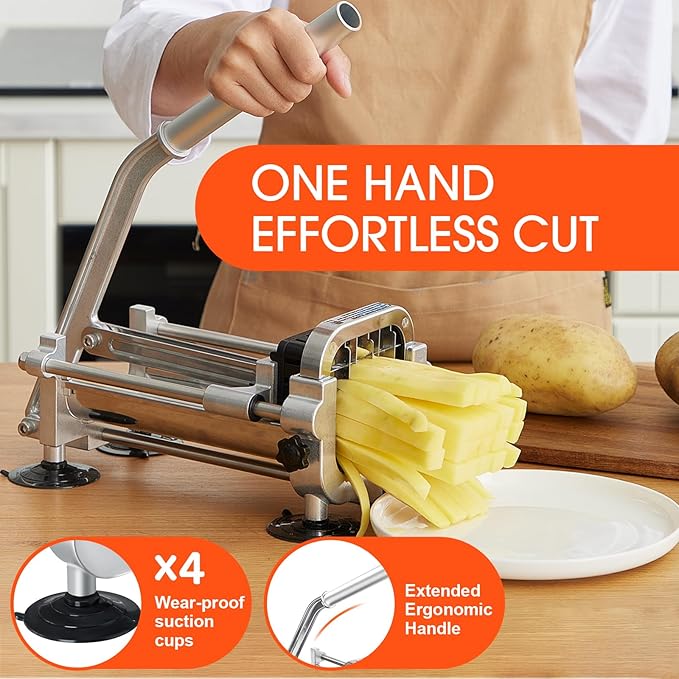 French Fry Cutter, Stainless Steel Potato Cutter with 1/2 Inch and 3/8 Inch Blades, (Manual Cutter, 1/2'' & 3/8'' Blade)