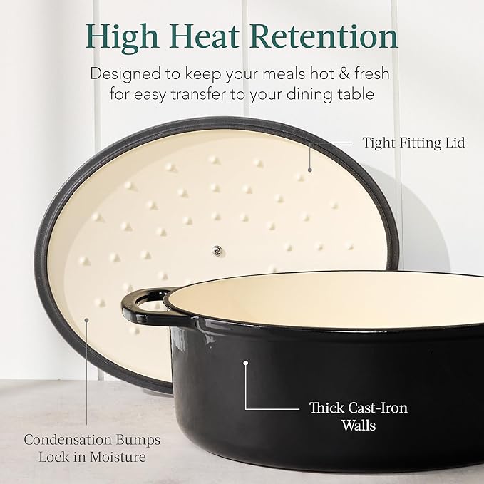 Best Choice Products Oval 7.5 Quart Enamel Cast-Iron Dutch Oven, Heavy-Duty Pre-Seasoned for Baking, Cooking w/Side Handles – Black Licorice