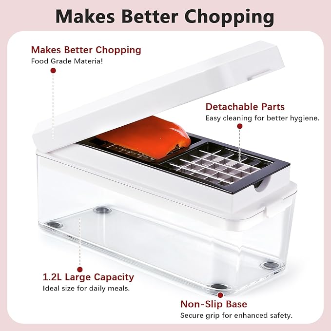 Vegetable Chopper, Onion Chopper Dicer, Mandoline Slicer, Food Chopper with Container, Vegetable Cutter for Salad Potato Carrot Garlic（2 Blades, White Black）