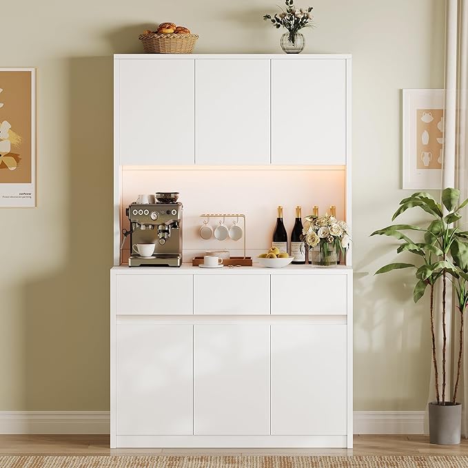 Garvee Kitchen Pantry Cabinet,71 in Tall Storage Cabinet with Doors&Shelves Adjustable, Kitchen Storage Hutch with Microwave Shelf, Led Lights&Charging Station,Corner Pantry Cabinet