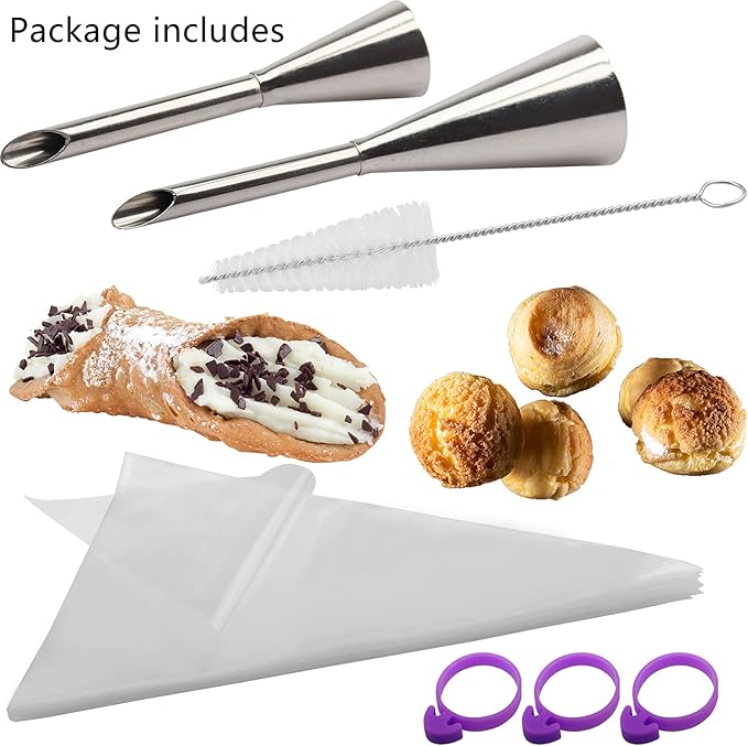 2Pcs Cream Icing Piping Nozzle Tip Stainless Steel,Long Puff Nozzle Tip with 50Pcs Disposable Pastry Piping Bags Cupcake and Puff Filling Kit Decorating Tool Supplies