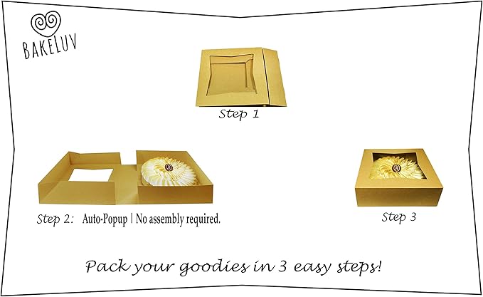 BAKELUV Pie Boxes for 9 Inch Pie | Brown, 12 Pack | 9x9x2.5 Bakery Box with Window, 9x9 Cookie Box, 9 Inch Pastry Boxes with Window Bulk, Cake Boxes, Auto Pop Up