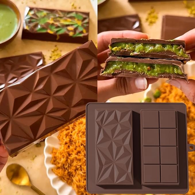 Deep Chocolate Bar Mold Silicone 1 Inch Dubai Pistachio Chocolate Bar Thick Mold for Stuffed Bar, Large Candy Mould for Filling, Brown