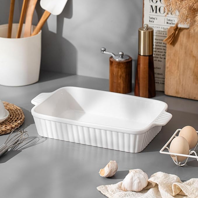 Casserole Dishes for Oven, Ceramic Baking Dishes, Porcelain Bakeware Set of 4, Rectangular Baking Pan, White Deep Lasagna Pan with Handle for Cooking, Roasting, Cake, 15.3"/12.8"/11.6"/9.8"
