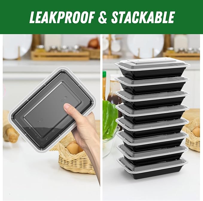 50 Pack (100-Piece) 28 oz Meal Prep Containers Reusable with Lids, Sturdy Leakproof & Food Safe, Microwave, Freezer, Dishwasher Safe Prep Containers, To Go Take Out Plastic Food Storage
