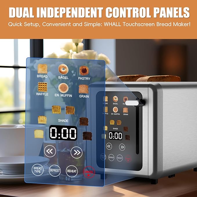 WHALL Touch Screen Toaster 2 Slice,Stainless Steel Digital Timer Toasters,6 Bread Types & 6 Shade Settings,Smart Extra Wide Slots Toaster With Bagel,Cancel,Defrost Functions