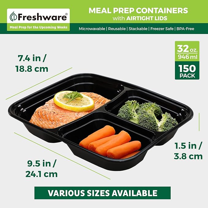Freshware Meal Prep Containers [150 Pack] 3 Compartment Food Containers with Lids, Bento Box, Stackable, Microwave/Dishwasher Safe (32 oz)