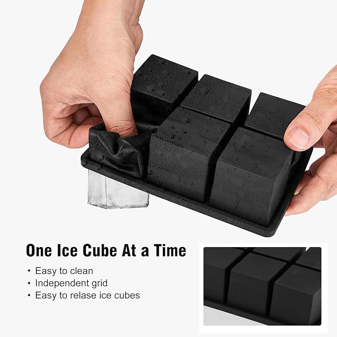 Large Ice Mold with Lid and Bin Mix Set (Total 46 Ice): 2 Pack New Upgraded 6 Grid Ice Cube Tray & 8 Grid Ice Cube Tray, 3 Pack 6 Sphere Ice Ball Mold-Black (With Ice Bin and Ice Tong)