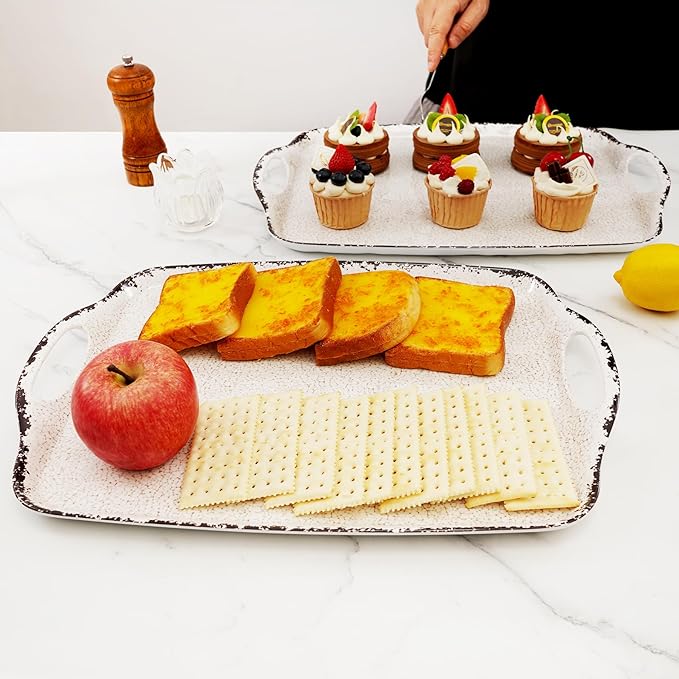 TP Serving Trays with Handles, 17 x 12 Inch Melamine Serving Platters for Food, Meat, Set of 2 Rectangular Trays for Eating, Rustic White
