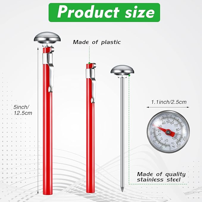 Xuhal 6 Pcs Stainless Steel Kitchen Thermometer with 5 Inch Long Stem 1 Inch Dial Thermometer Milk Frothing Food for Oven Probe Meat Grill BBQ Cooking Chocolate Water(Red)