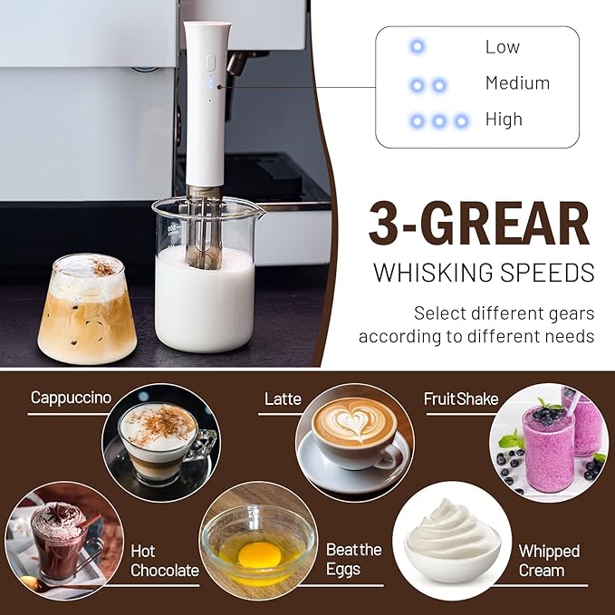 Milk Frother Wand for Coffee, Silent Coffee Foamer Drink Mixer,Handheld Frother Rechargeable Electric Whisk with 2 Heads 3 Speeds for Latte, Cappuccino, Hot Chocolate, Egg(Home and Travel Set White)