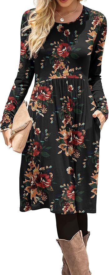 DB MOON Women Casual Long Sleeve Dresses Empire Waist Knee Length Loose Dress with Pockets