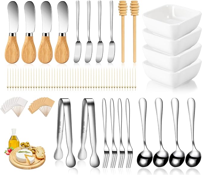 Charcuterie Board Accessories With 3 Oz Ceramic Dip Bowls, Wooden Handle Silver Cheese Spreader Butter Knive Set Kit, Mini Tongs, Spoons, Forks,Honey Dipper, Cocktail Picks