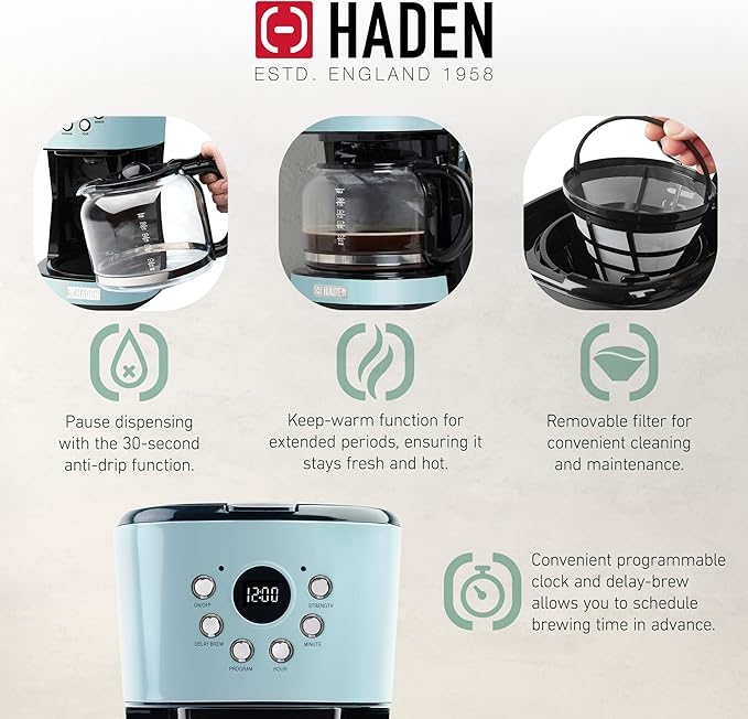 Haden 12 Cup Programmable Drip Coffee Maker Coffee Machine Bundled with Heritage 4 Slice Wide Slot Stainless Steel Toaster, Turquoise & Chrome