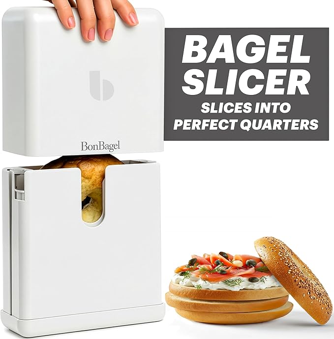 Bagel Cutter Slicer – Precision Bagel Slicer with Auto-Center Holder – Compact 7-Inch Space-Saving Design for Even Cutting Large and Small Bread at Home or Café Kitchen-White