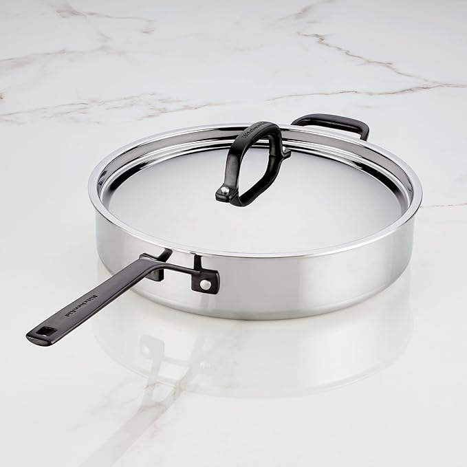 KitchenAid 5-Ply Clad Stainless Steel Stainless Steel Induction Saute Pan with Lid, 5 Quart - Polished Stainless Steel