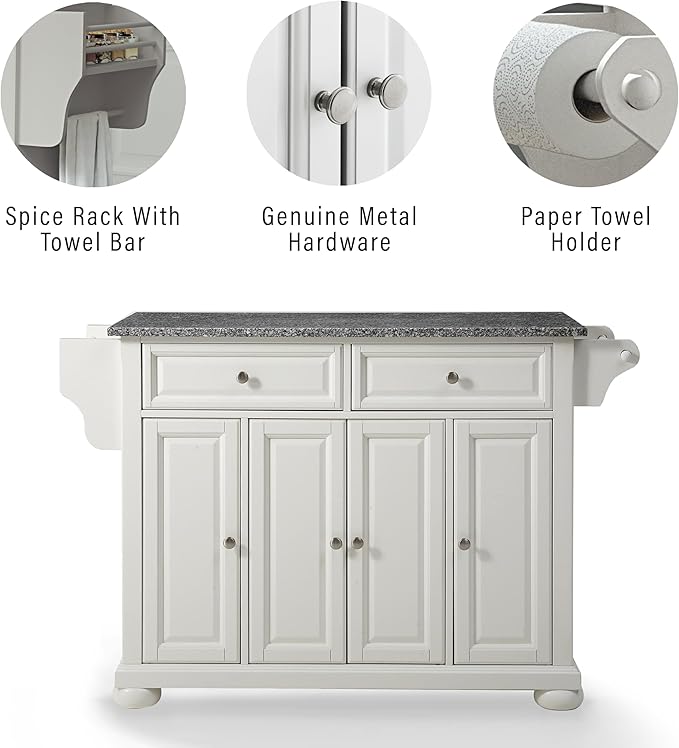 Crosley Furniture Alexandria Granite Top Rolling Kitchen Island Storage Cart, Microwave Stand, Spice Rack, White