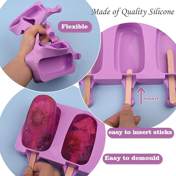 WMKGG Popsicle Silicone Molds Set, 2 PCS Ice Cream Molds with 50 Wooden Sticks for Cake Pop, Ice Pop, Cakesicles (Standard Size/Purple)