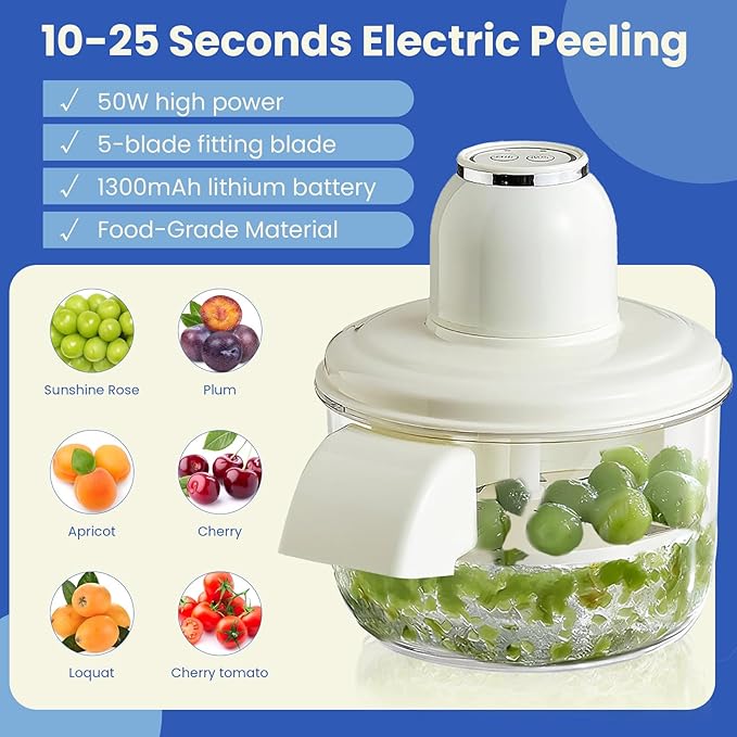 Electric Grape Peeling Machine, Garlic Peeling Machine, Automatic Peeler, Garlic Peeler Skin Remover Commercial Fruit Rechargeable Milk Tea Fruit Shop Special Equipment (White)