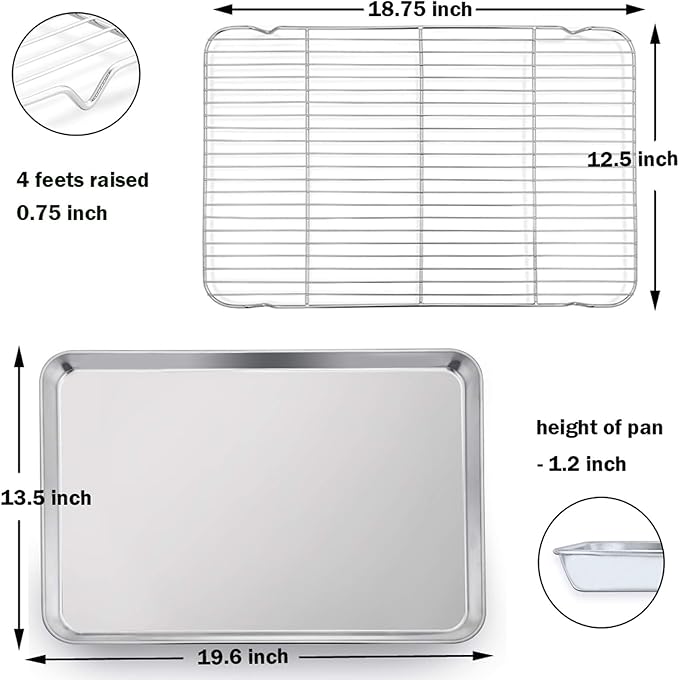 P&P CHEF 19.6 Inch Stainless Steel Baking Sheet with Rack Set (2 Pans+ 2 Racks), Cookie Sheets Baking Trays and Cooling Wire Racks, Oven & Dishwasher Safe, Pans with Flat Racks