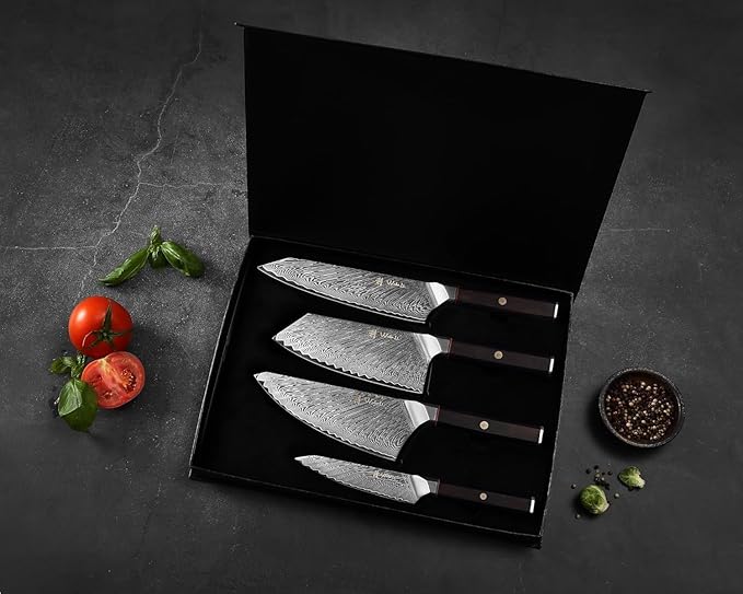 Wakoli Damascus Chef Knife Set with Magnetic Block – 4-Piece Professional Kitchen Knife Collection | Genuine 67-Layer Damascus Steel Blades | Ergonomic Dark Oak Wood Handles (Culinary Asia)