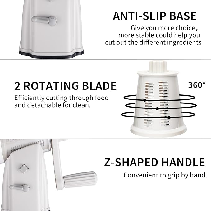 Rotary Cheese Grater Shredder - Upgraded 5 in 1 Cheese Grater with Handle and Strong Suction Base, Multi-purpose Julienne Slicer Ice Shaver Nuts Grinder for Ice, Vegetables, Fruit, Nuts