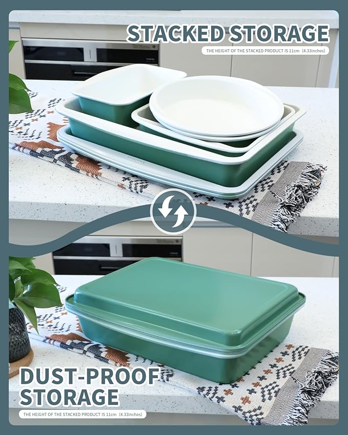 Ceramic Nonstick Baking Pans Set, Non Toxic 33 PCS Stackable Bakeware Sets, 550°F Oven Safe Baking Sheet & Pans, Warp-Free, Dishwasher Safe, PTFE/PFOA/PFOS-Free (Green)