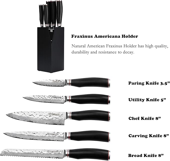 YOUSUNLONG Knife Block Sets - 5pcs Kitchen Knives Set with Natural Fraxinus Americana Holder - Japanese Hammered Damascus Steel Blade - Natural Ebony Handle with Gift Box