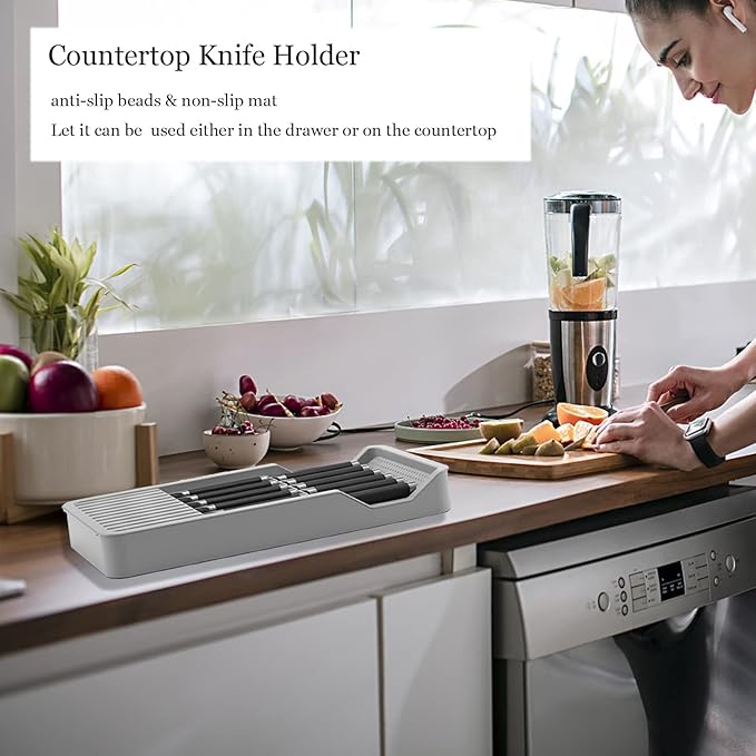 Knife Holder, In Drawer Knife Block Holder with Expandable Cutlery Tray Kitchen Drawer Organizer Insert-Holds 11 Knives for Save Space & Kitchen Safety (Drawer knife holder, Plastic)